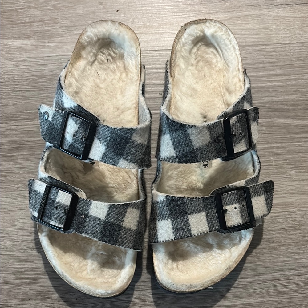 Plaid Birkenstocks Sandals with fur lining